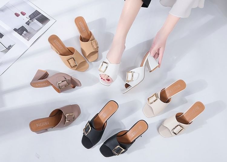 Chunky Slide Buckled Heel Sandals