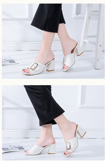 Chunky Slide Buckled Heel Sandals