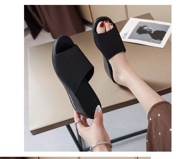 Knit Heel Wedge Sandals Slide Panel