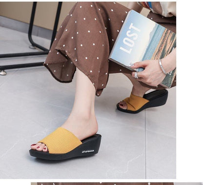 Knit Heel Wedge Sandals Slide Panel