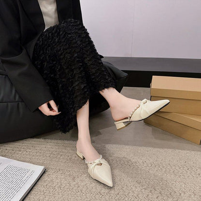 Heel Faux Pearl Chunky Knot Pointed Mules Toe