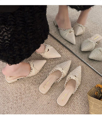 Heel Faux Pearl Chunky Knot Pointed Mules Toe