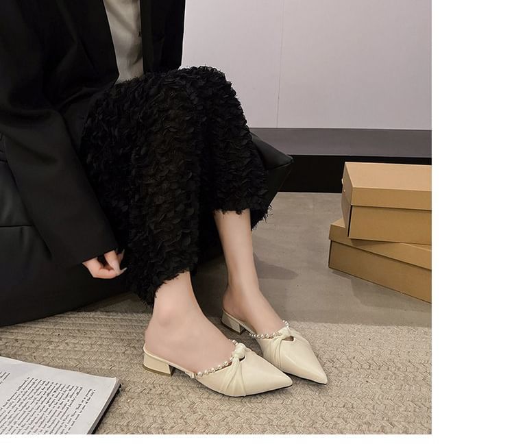 Heel Faux Pearl Chunky Knot Pointed Mules Toe