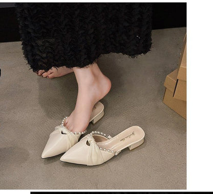 Heel Faux Pearl Chunky Knot Pointed Mules Toe