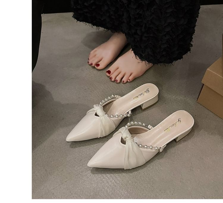 Heel Faux Pearl Chunky Knot Pointed Mules Toe