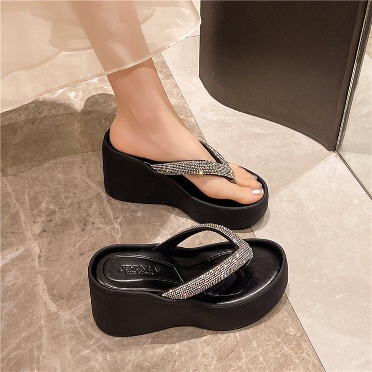 Heel Platform Rhinestone Flip-Flops Wedge