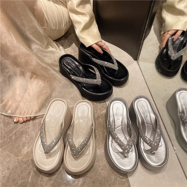 Heel Platform Rhinestone Flip-Flops Wedge