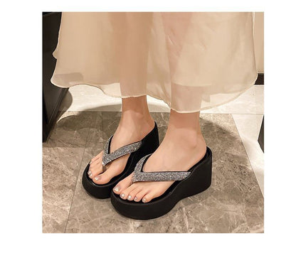 Heel Platform Rhinestone Flip-Flops Wedge