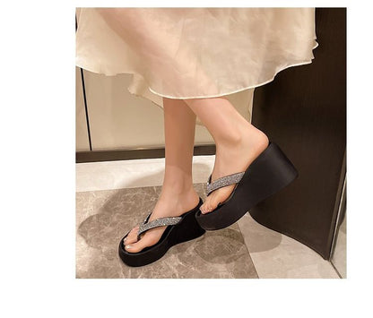 Heel Platform Rhinestone Flip-Flops Wedge