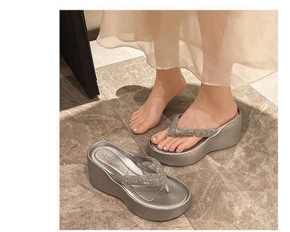 Heel Platform Rhinestone Flip-Flops Wedge