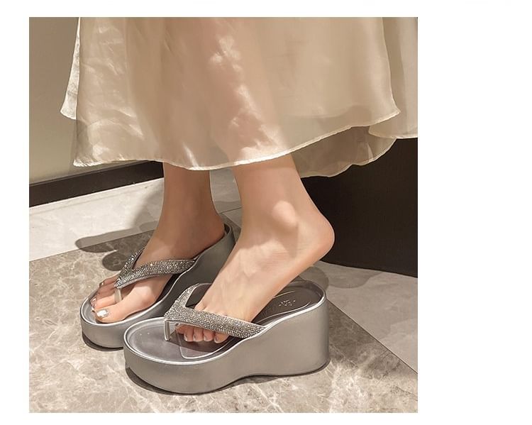 Heel Platform Rhinestone Flip-Flops Wedge