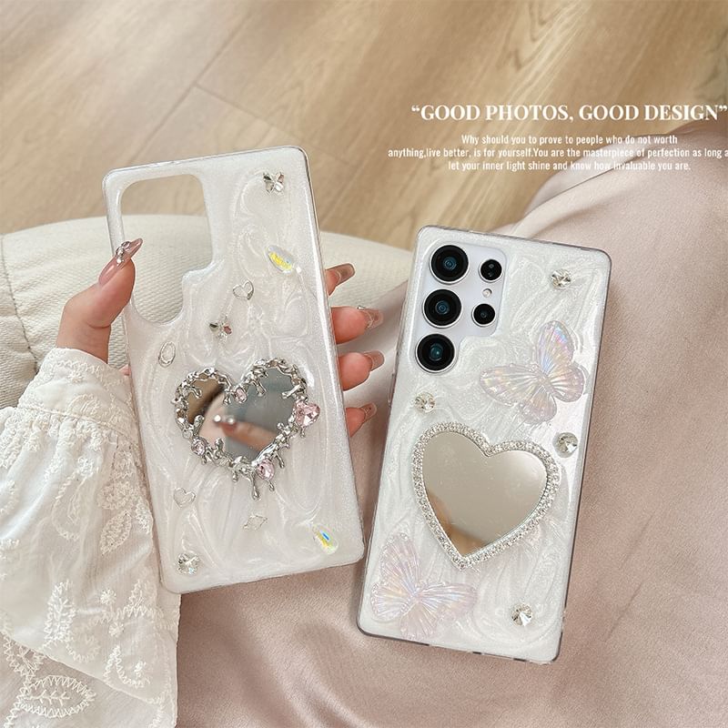 Heart Rhinestone Mirrored Samsung Phone Case