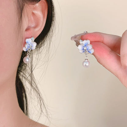 Clip Faux / On Earring Flower Pearl Drop