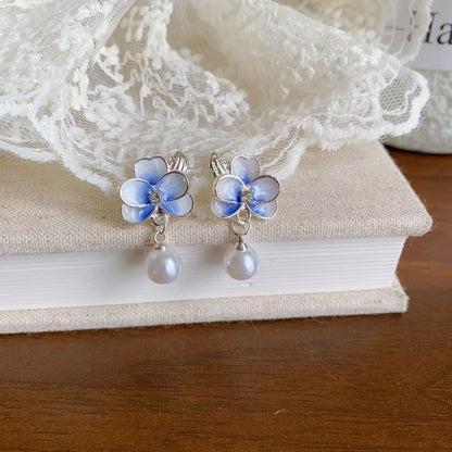Clip Faux / On Earring Flower Pearl Drop