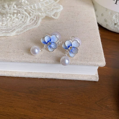 Clip Faux / On Earring Flower Pearl Drop