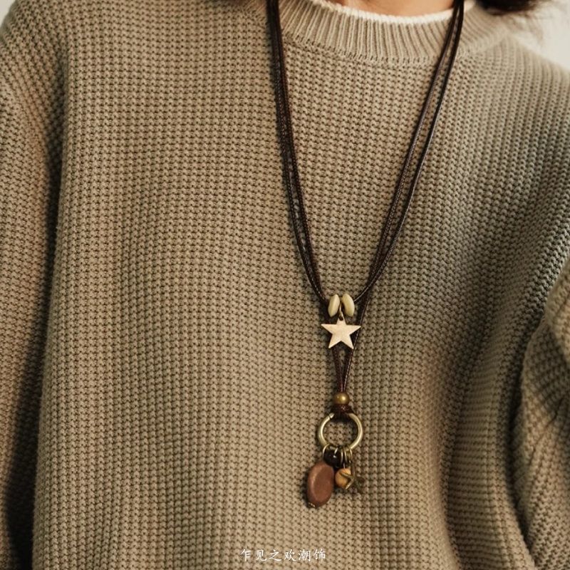 Layered Necklace Star Cord Bead Pendant