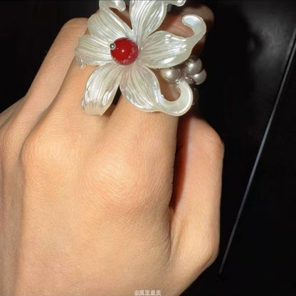 Floral Faux Alloy Pearl Ring Elastic