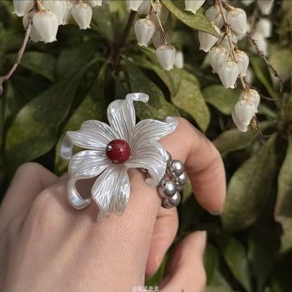 Floral Faux Alloy Pearl Ring Elastic