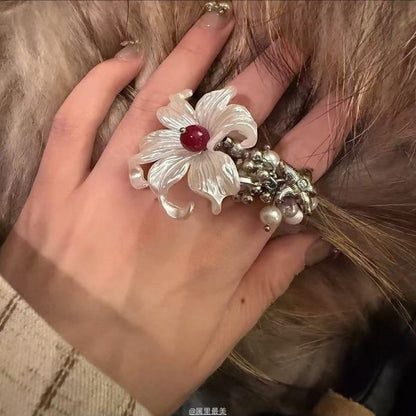 Floral Faux Alloy Pearl Ring Elastic