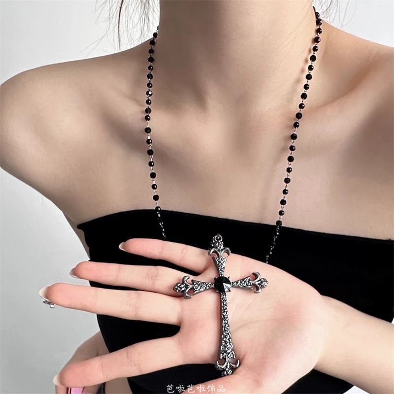 Station Faux Cross Pendant Gemstone Necklace