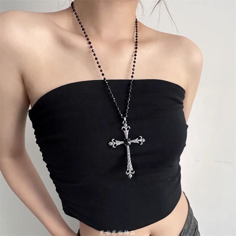 Station Faux Cross Pendant Gemstone Necklace