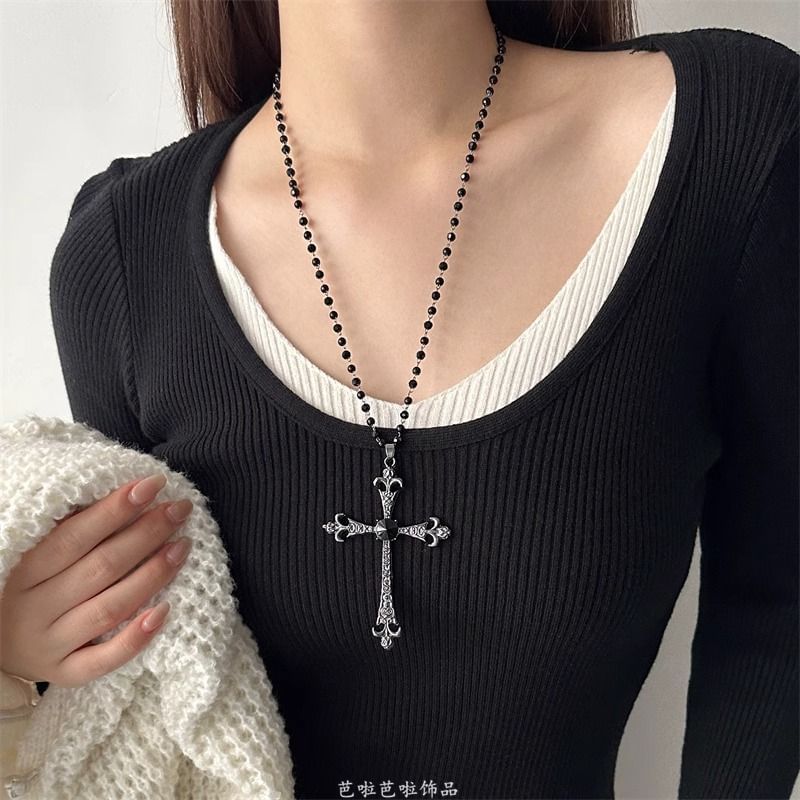Station Faux Cross Pendant Gemstone Necklace
