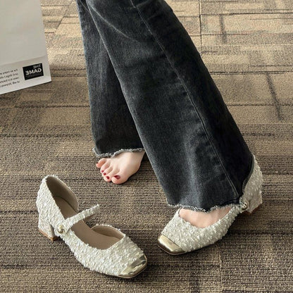 Pumps Heel Block Sequin Jane Toe Mary Square Tweed