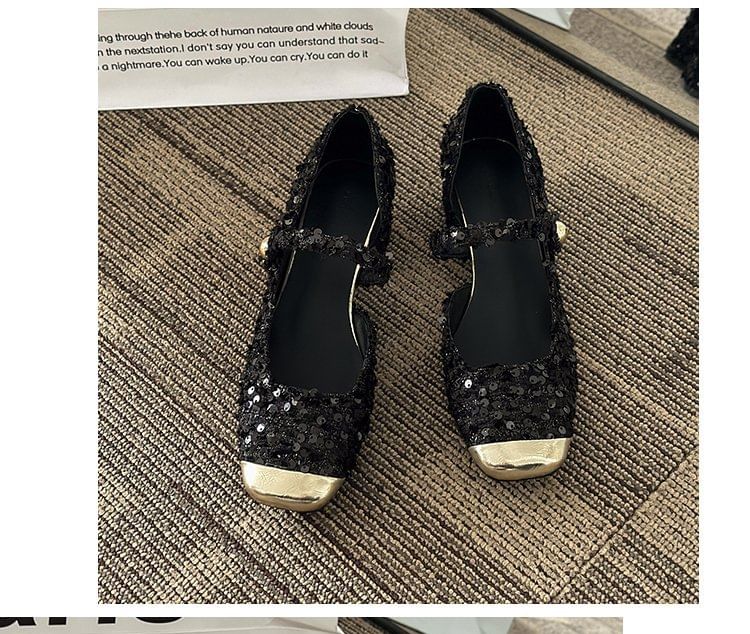 Pumps Heel Block Sequin Jane Toe Mary Square Tweed