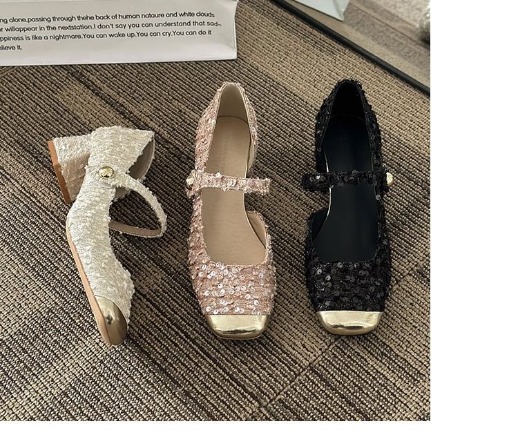 Pumps Heel Block Sequin Jane Toe Mary Square Tweed
