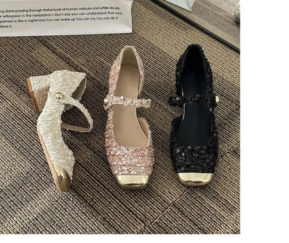 Pumps Heel Block Sequin Jane Toe Mary Square Tweed