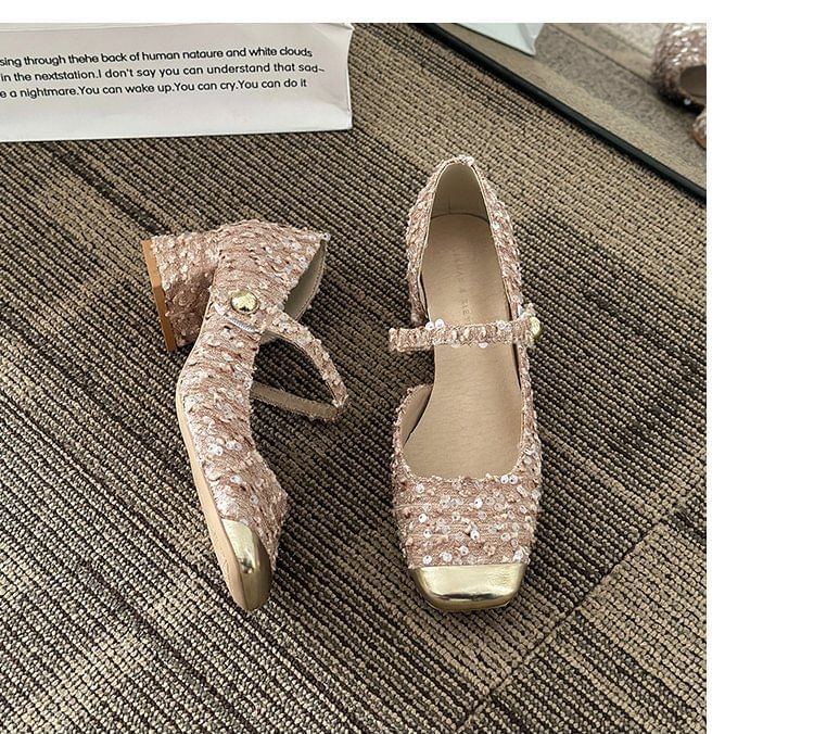 Pumps Heel Block Sequin Jane Toe Mary Square Tweed
