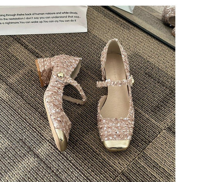 Pumps Heel Block Sequin Jane Toe Mary Square Tweed