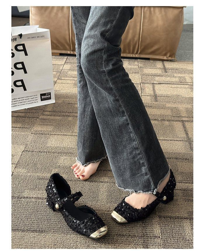 Pumps Heel Block Sequin Jane Toe Mary Square Tweed