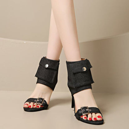 Boot High Sandals Heel Denim Buckled