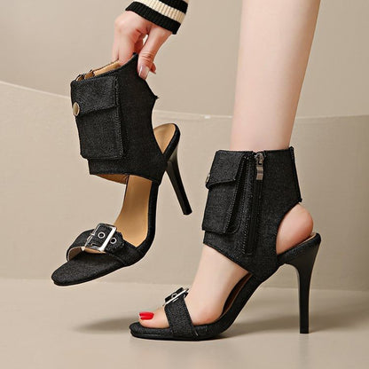 Boot High Sandals Heel Denim Buckled