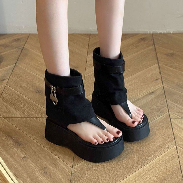 Platform Thong Padlock Panel Boots