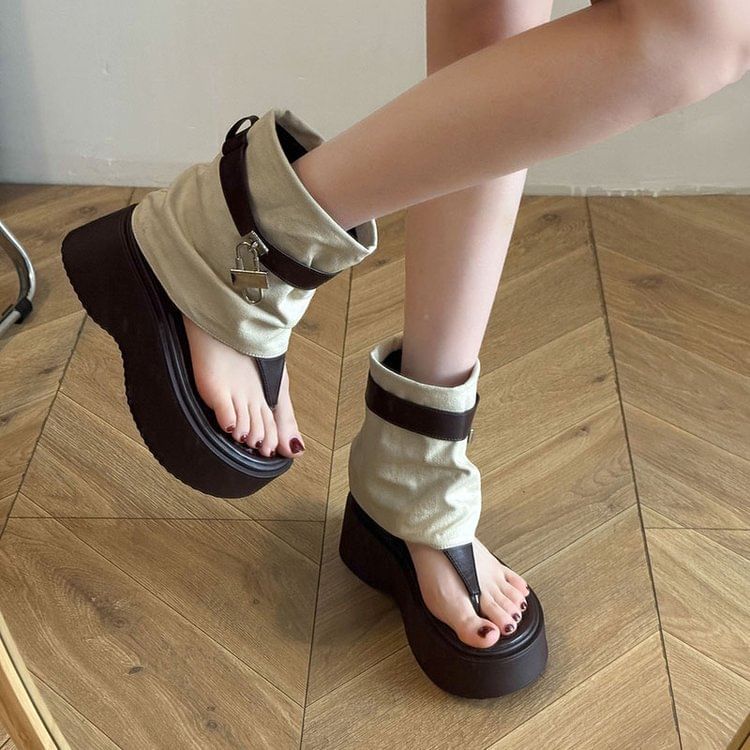 Platform Thong Padlock Panel Boots