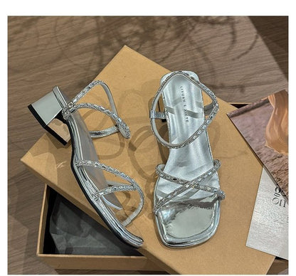 Block Rhinestone Heel Sandals