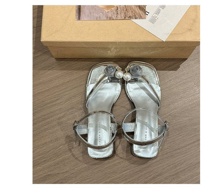 Block Faux Flower Heel Sandals Pearl