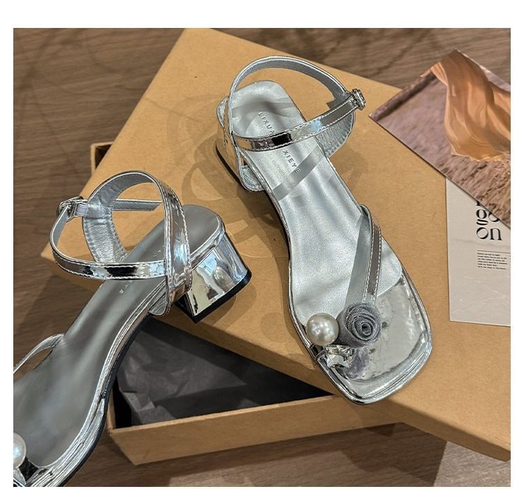 Block Faux Flower Heel Sandals Pearl