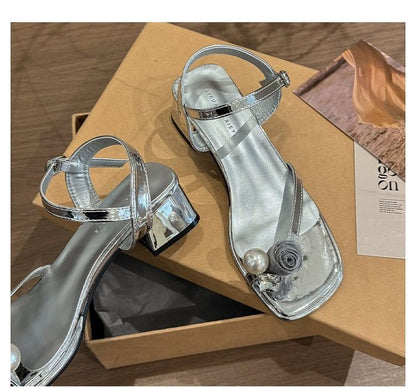 Block Faux Flower Heel Sandals Pearl