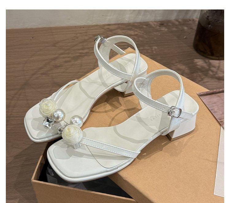 Block Faux Flower Heel Sandals Pearl