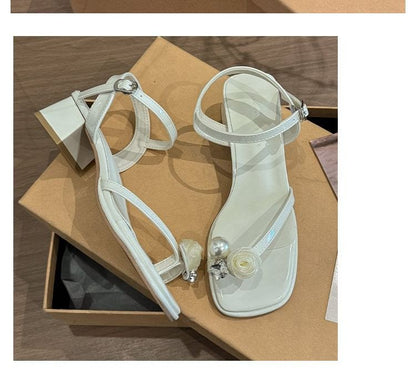 Block Faux Flower Heel Sandals Pearl