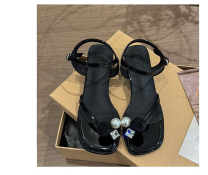 Block Faux Flower Heel Sandals Pearl