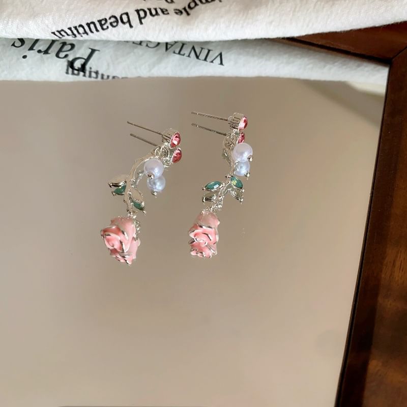 Drop Faux Earring Pearl CZ Flower