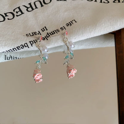 Drop Faux Earring Pearl CZ Flower