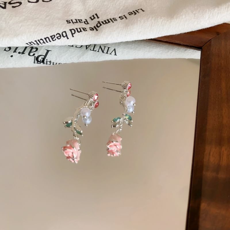 Drop Faux Earring Pearl CZ Flower