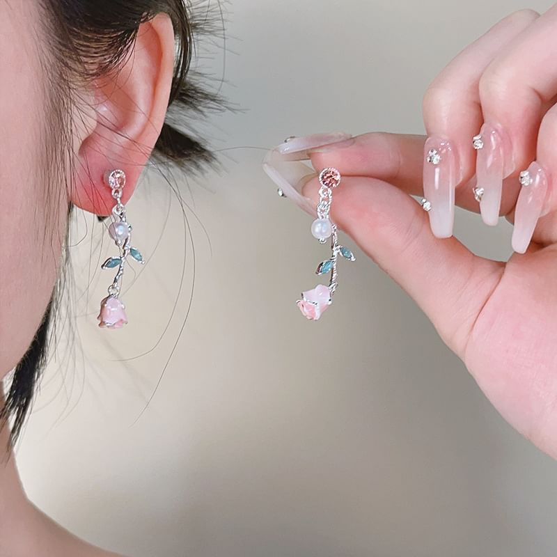 Drop Faux Earring Pearl CZ Flower