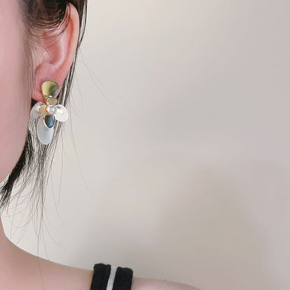 Flower Stud Faux Tone Two Pearl Earring