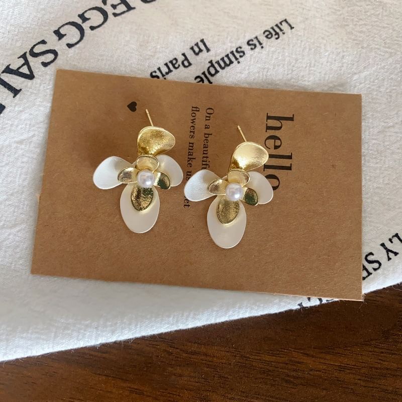 Flower Stud Faux Tone Two Pearl Earring